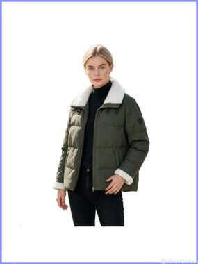 Down Puffer Jacket Sherpa Collar Leather Accents Machine Wash
